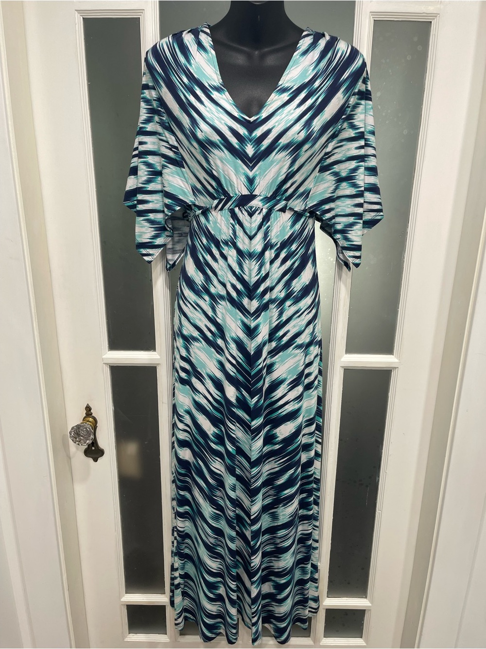 Tommy Bahama Navy, Teal & White Chevron Maxi Dress